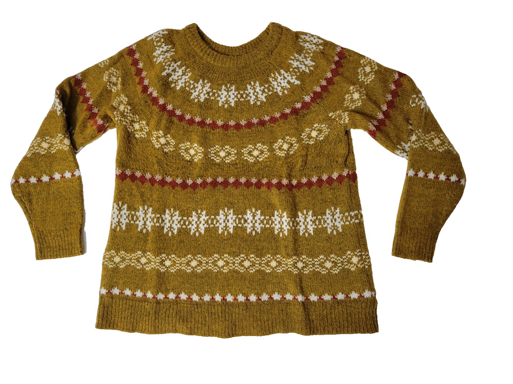 Sonoma Womens Large Mustard Yellow Fair Isle Knit Sweater Crewneck Pullover
